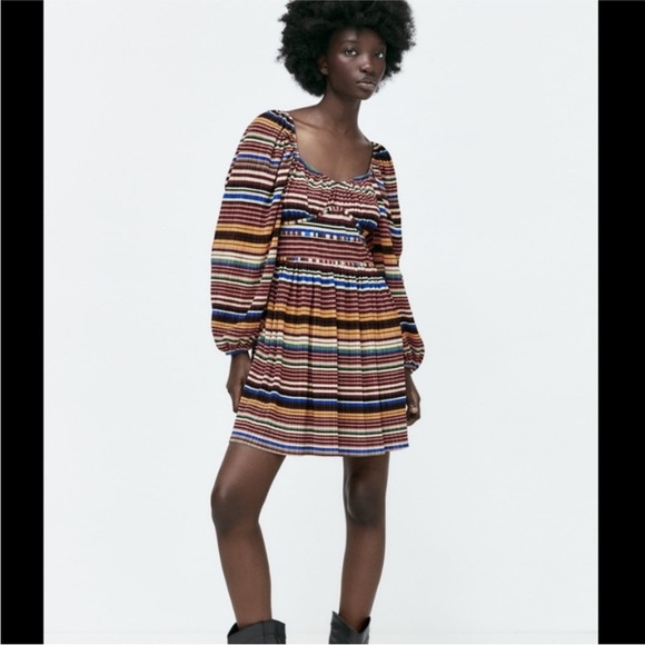 Zara Multicolor Pleated Striped Mini Dress - Picture 2 of 5